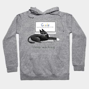 Cartoon black sleeping cat on a laptop and the inscription "Sleep working". Hoodie